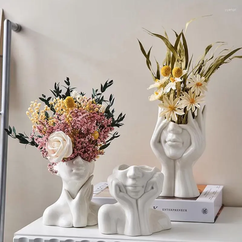 Ceramic Human Face Flower Vase Abstract Art Sculpture Head Plant